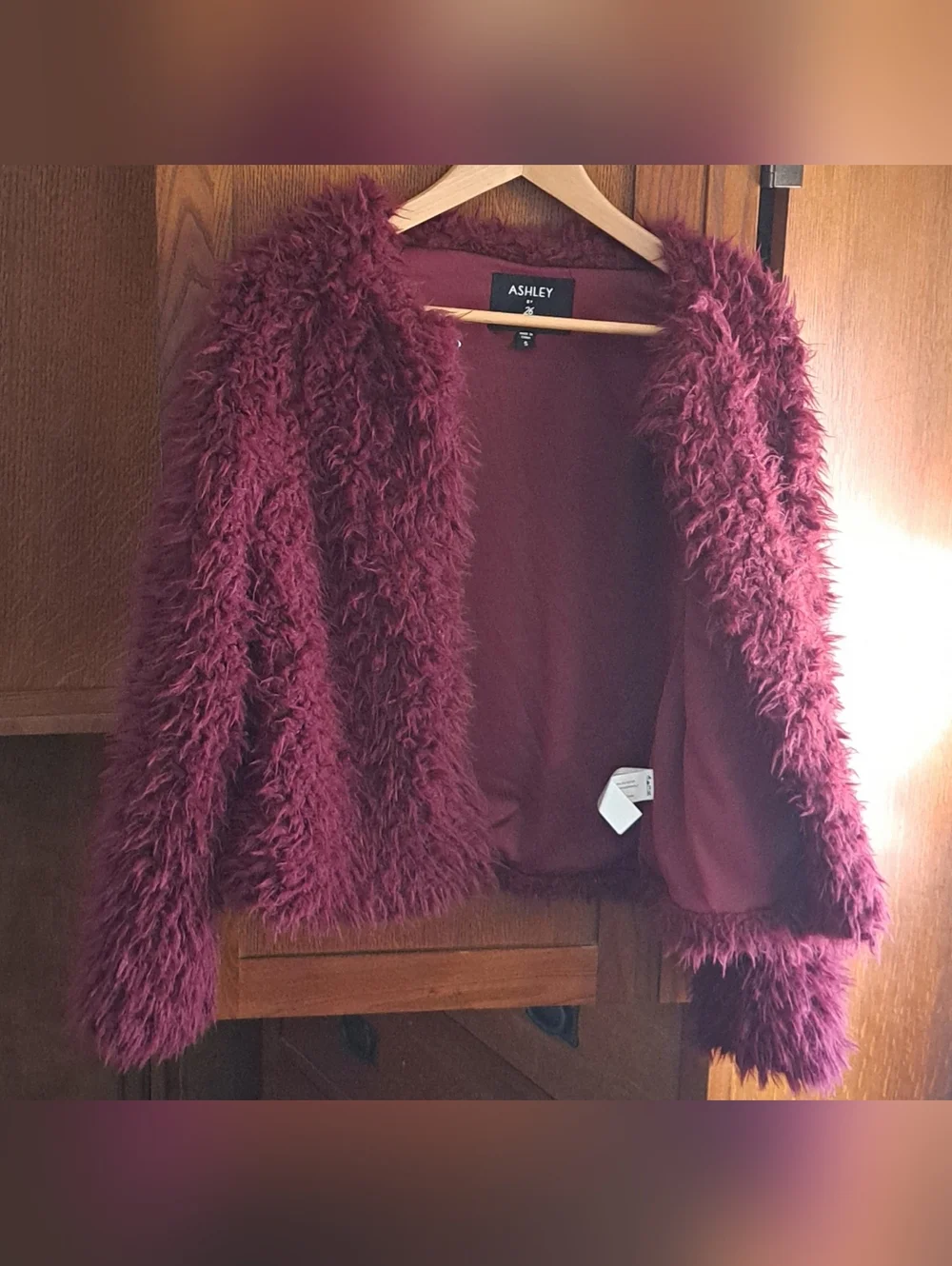 Ashley By 26 Maroon Shaggy Faux Fur Jacket - Fluffy Y2K Mob Wife Coat - Size S